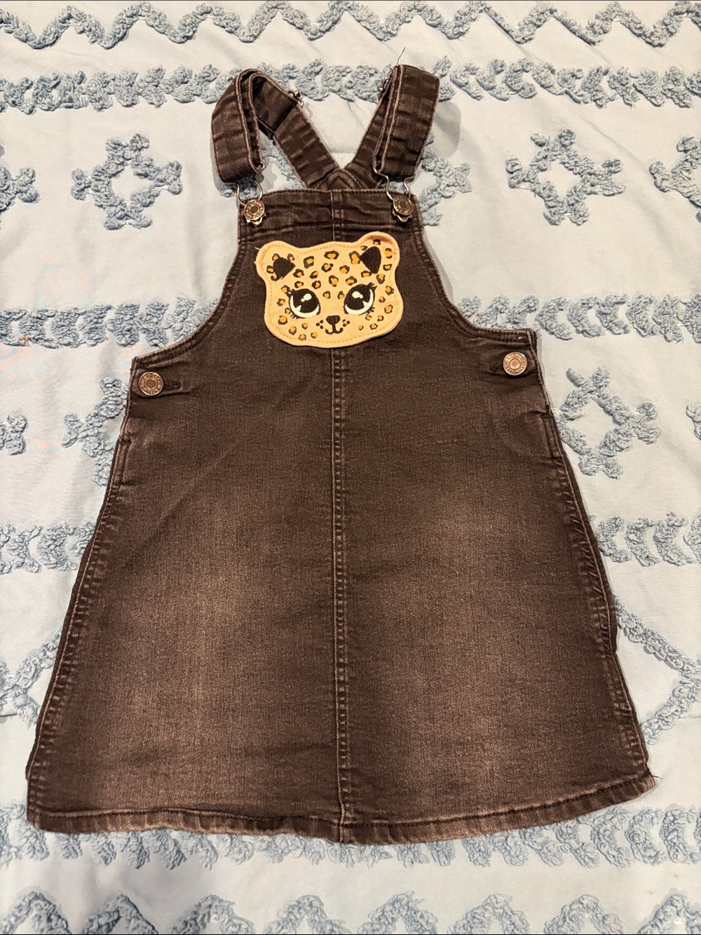 Girls Black Denim Overall Dress with Leopard Patch Detail